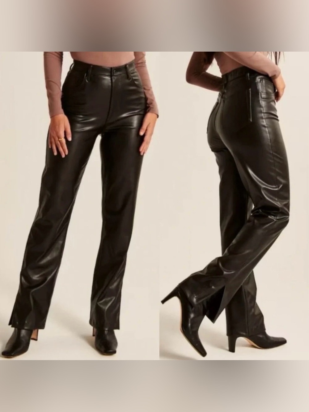 Abercrombie Split-Hem Vegan Leather 90’s Straight Pants - Black Ultra High Rise
